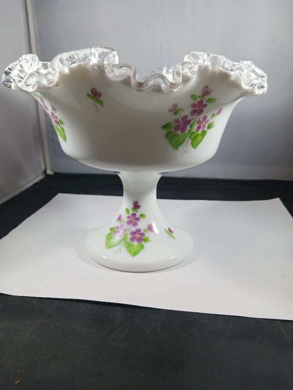 Fenton Violets in the Snow Hand Painted Spanish Lace Silver Crest Art Glass